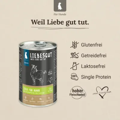 Liebesgut Hundefutter Ziege mit Süßkartoffel und Zucchini