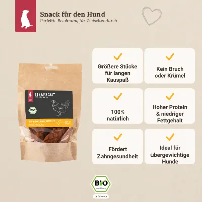 Liebesgut Hunde-Snack Bio Hähnchenbrustfilet Liebesgut Hunde-Snack Bio Hähnchenbrustfilet