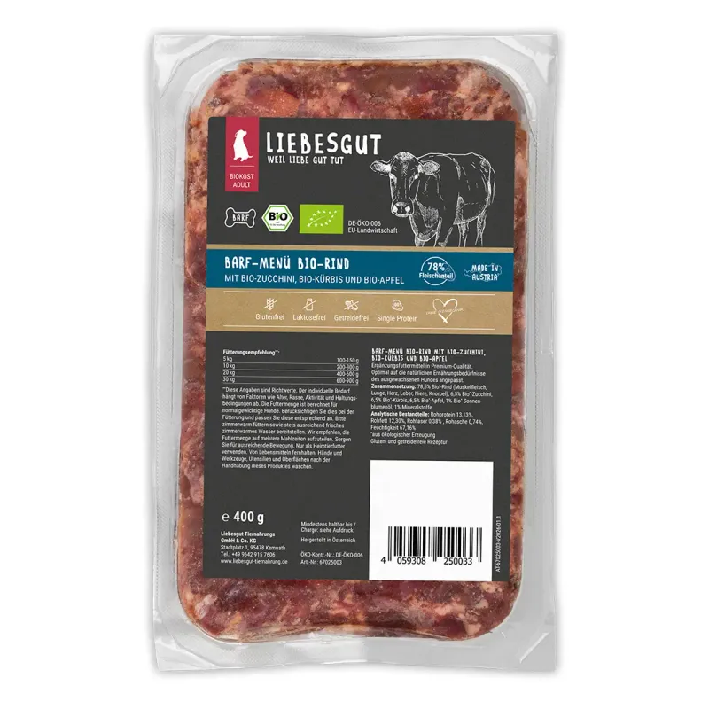 Liebesgut Hundefutter 14 x Barf-Menü Bio-Rind mit Bio-Gemüse und Bio-Obst