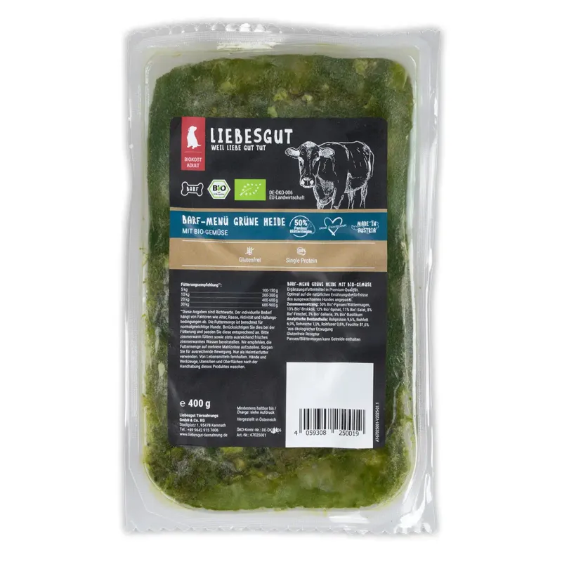Liebesgut Hundefutter 14 x Barf-Menü Bio-Grüne-Heide mit Bio-Gemüse