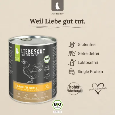 Liebesgut Hundefutter Bio-Huhn mit Bio-Apfel und Bio-Buchweizen