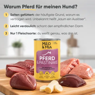 Milo & Mia Sensitive – Pferd & Pastinake – Monoprotein – Getreidefrei Milo & Mia Sensitive – Pferd & Pastinake – Monoprotein – Getreidefrei