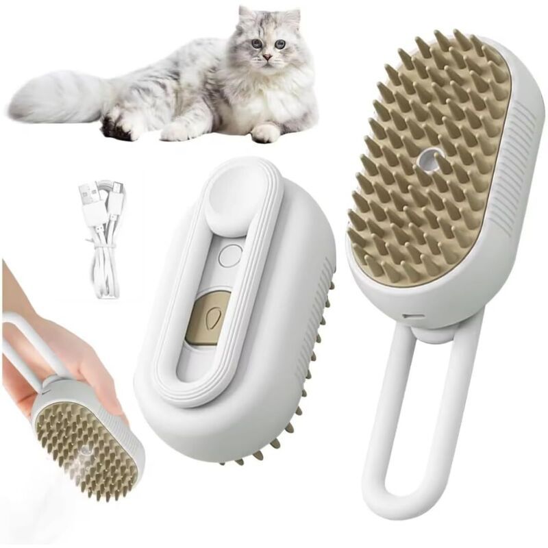 3-in-1-Dampfbürste für Katzen und Hunde – Entwirrer und Massage – Weiß
