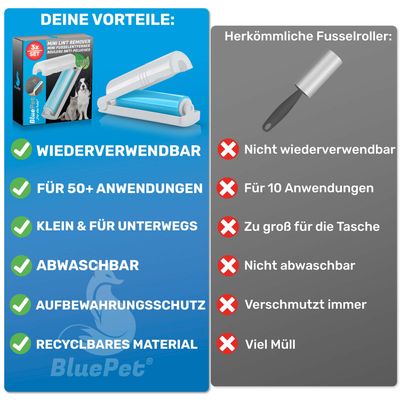 BluePet Mini Tierhaarentferner, Fusselroller im 3er-Set, Wiederverwendbar