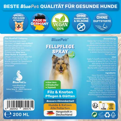 BluePet Entfilzungsspray Hunde & Katzen, natürliches Fellspray gegen Knoten