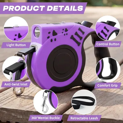 Laisse rétractable 4 9m lampe LED rechargeable violet Laisse rétractable 4 9m lampe LED rechargeable violet