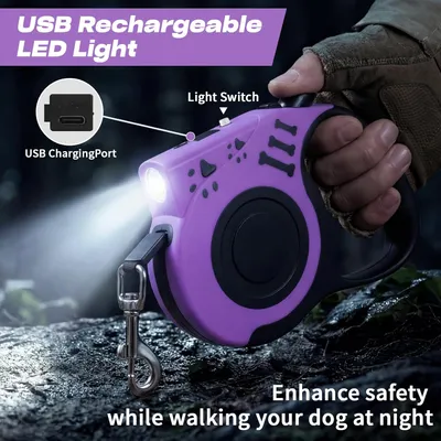 Laisse rétractable 4 9m lampe LED rechargeable violet Laisse rétractable 4 9m lampe LED rechargeable violet