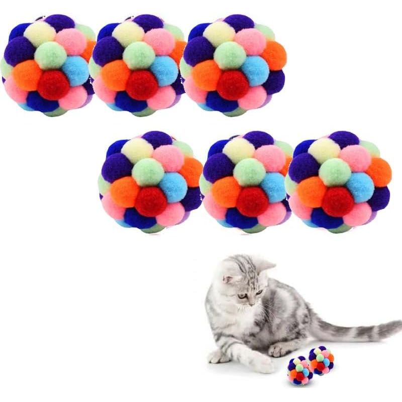 6 balles arc en ciel peluche grelot chat