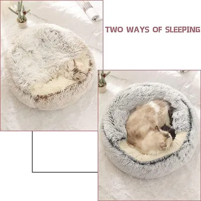 HausPets Rundes Plüsch-Katzenbett Kapuze Winter Waschbar