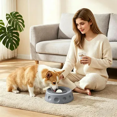 HausPets Gamelle Léchage Chien ABS Grise Anti-Ballonnement Ventouse