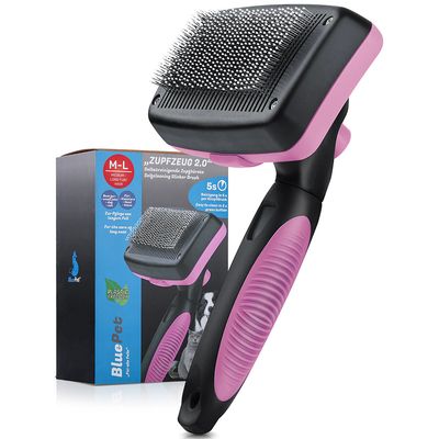 BluePet Selbstreinigende Hundebürste & Katzenbürste Langhaar, Zupfbürste