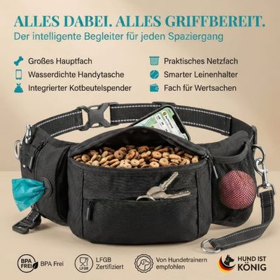 HUND IST KÖNIG Leckerlitasche für Hunde mit Kotbeutelspender & Leinenhalter