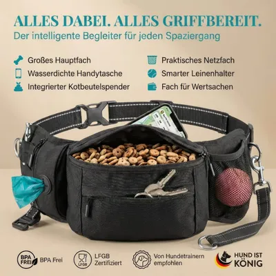 HUND IST KÖNIG Leckerlitasche für Hunde mit Kotbeutelspender & Leinenhalter