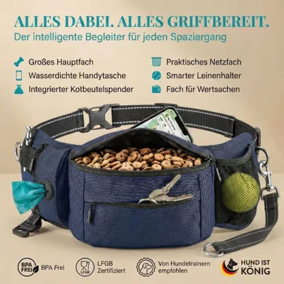 HUND IST KÖNIG Leckerlitasche für Hunde mit Kotbeutelspender & Leinenhalter