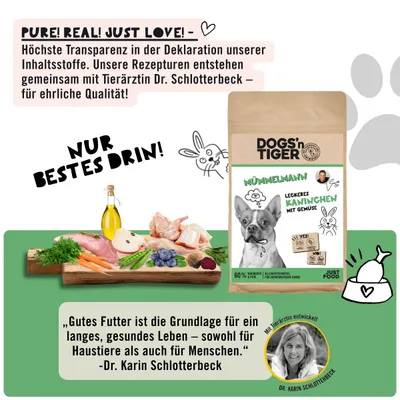 Dogs’n Tiger Mümmelmann, Hundefutter, Kaninchen, Pute mit Gemüse Dogs’n Tiger Mümmelmann, Hundefutter, Kaninchen, Pute mit Gemüse