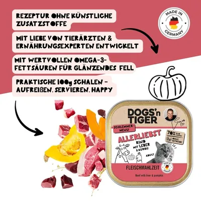 Dogs’n Tiger Allerliebst Schale, Katzenfutter, Rind, Huhn & Kürbis
