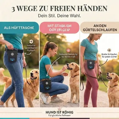 HUND IST KÖNIG kompakter Snackbeutel für Hunde, mit Gürtelclip & Hüftgurt