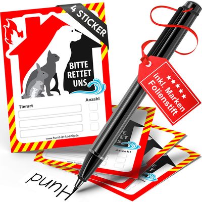HUND IST KÖNIG Feuerwehr-Aufkleber Haustier Rettung, 4er Set + Folienstift