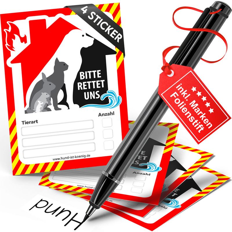 HUND IST KÖNIG Feuerwehr-Aufkleber Haustier Rettung, 4er Set + Folienstift