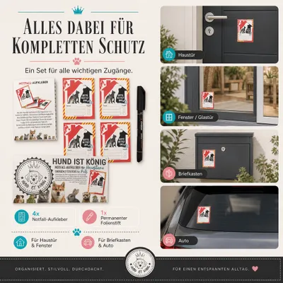 HUND IST KÖNIG Feuerwehr-Aufkleber Haustier Rettung, 4er Set + Folienstift HUND IST KÖNIG Feuerwehr-Aufkleber Haustier Rettung, 4er Set + Folienstift