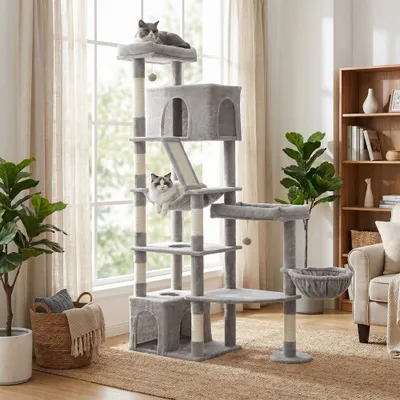 FEANDREA Arbre à Chat 6 Niveaux,105 x 45 x 188 cm Gris clair
