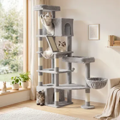 FEANDREA Arbre à Chat 6 Niveaux,105 x 45 x 188 cm Gris clair