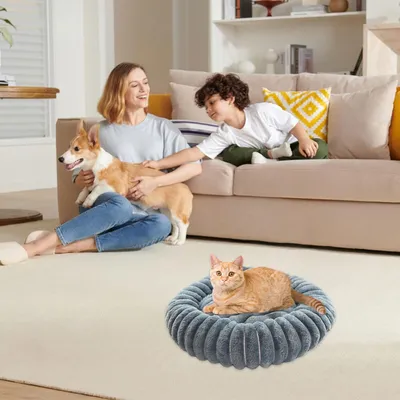 Panier Chien Chat Donut 50cm Apaisant Anti-anxiété Antidérapant Gris