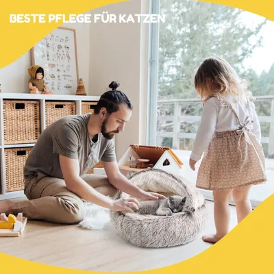 HausPets Lit Chat Donut Peluche Capuchon Semi-fermé Doux 50x50cm Curry