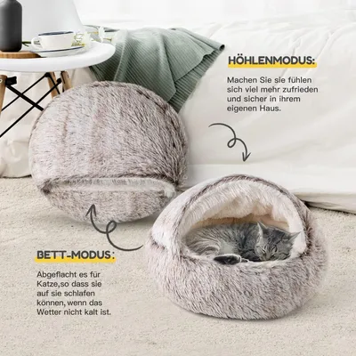 HausPets Lit Chat Donut Peluche Capuchon Semi-fermé Doux 50x50cm Curry