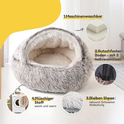 HausPets Lit Chat Donut Peluche Capuchon Semi-fermé Doux 50x50cm Curry