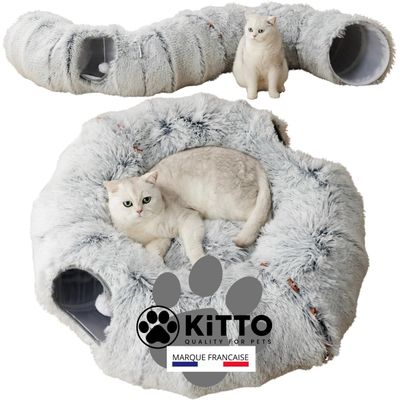 HausPets Tunnel Chat Modulable 12 Attaches Bois + Coussin XXL Rond/S