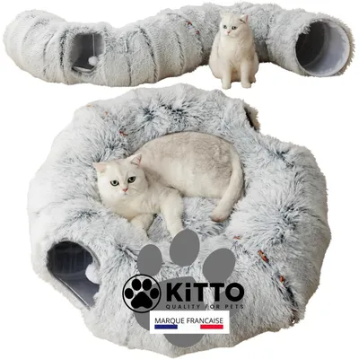 HausPets Tunnel Chat Modulable 12 Attaches Bois + Coussin XXL Rond/S