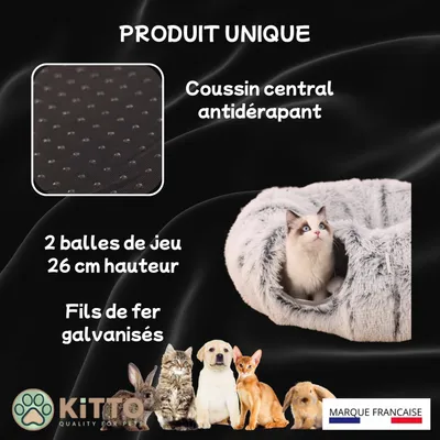 HausPets Tunnel Chat Modulable 12 Attaches Bois + Coussin XXL Rond/S