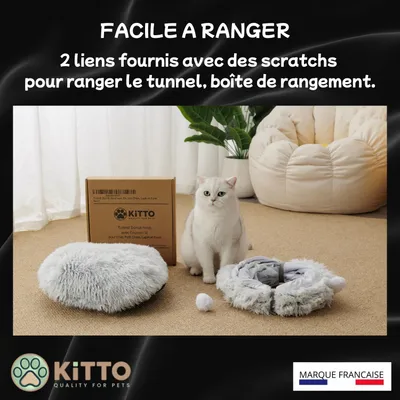 HausPets Tunnel Chat Modulable 12 Attaches Bois + Coussin XXL Rond/S