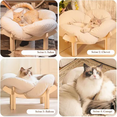 HausPets Lit Chat Design Pétale Bois Bouleau 55x55x32cm Gris