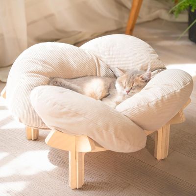 HausPets Lit Chat Design Pétale Bois Bouleau 55x55x32cm Gris