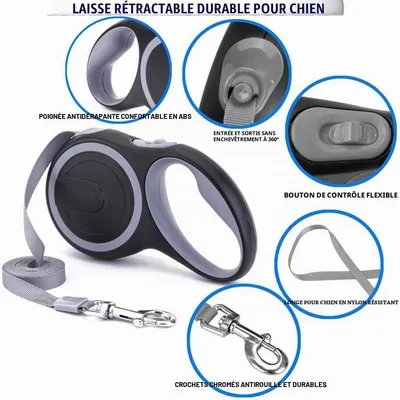 Laisse rétractable 5m anti morsure chaîne acier gris Laisse rétractable 5m anti morsure chaîne acier gris