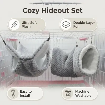 HausPets 2er Set Tunnel Hängematte Meerschweinchen Hamster Plüsch Grau