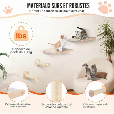 HausPets Katzenwand Regal 4-tlg. Eichenholz Hängematte Fleece Koralle 18kg