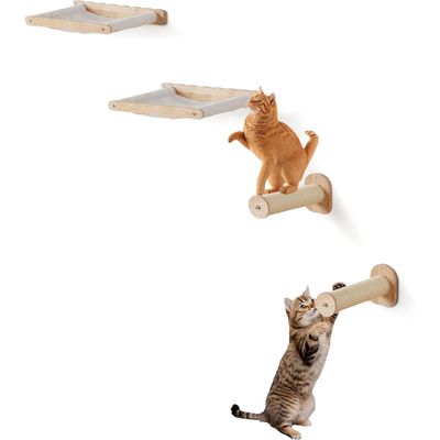 HausPets Katzenwand Regal 4-tlg. Eichenholz Hängematte Fleece Koralle 18kg