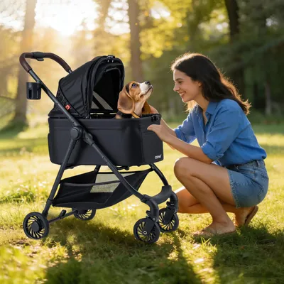 GIANTEX 3-in-1-Klappbarer Hundekinderwagen, 15 kg, Fenster, Netz, Wendbar