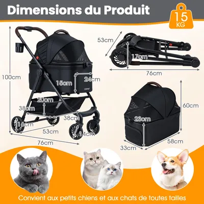 GIANTEX 3 en 1 Poussette Chien Pliable 15KG Fenêtre Filet Réversible