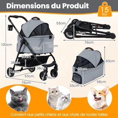 GIANTEX 3 en 1 Poussette Chien Pliable 15KG Fenêtre Filet Réversible