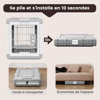 HausPets Cage Chien Chat Pliable 71x46.5x53cm 2 Roues Sans Outils Gris