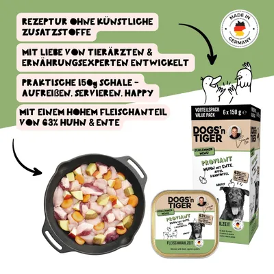 Dogs’n Tiger Proviant Barquette – Pâtée pour chiens poulet, canard & pomme Dogs’n Tiger Proviant Barquette – Pâtée pour chiens poulet, canard & pomme