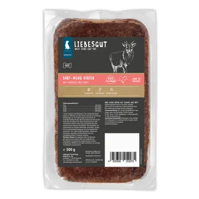 Liebesgut Hundefutter 14 x Barf-Menü Hirsch mit Gemüse und Waldbeeren Liebesgut Hundefutter 14 x Barf-Menü Hirsch mit Gemüse und Waldbeeren