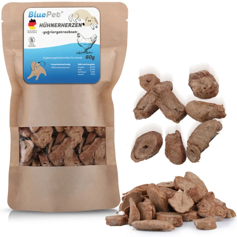 Hühnerherzen Gefriergetrocknet 60g, Natürlicher Snack für Hunde und Katzen
