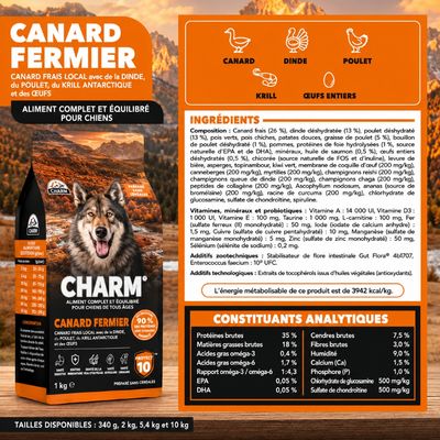 CHARM Croquettes Canard Chien 10kg + 2 Sachets Offerts