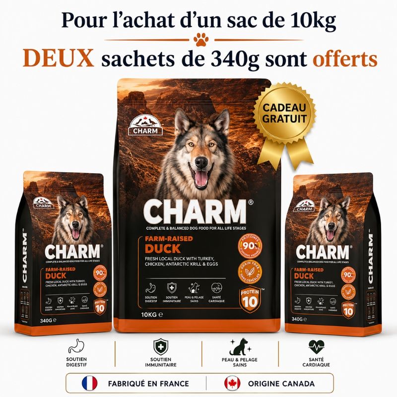 CHARM Croquettes Canard Chien 10kg + 2 Sachets Offerts