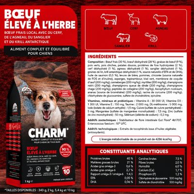 CHARM Croquettes Bœuf Chien 10kg + 2 Sachets Offerts